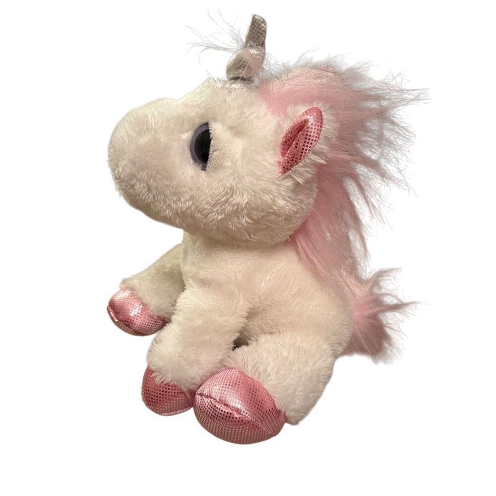 Aurora Unicorn Plush Stuffed Animal Pink White Silver Metallic Feet 10” Long